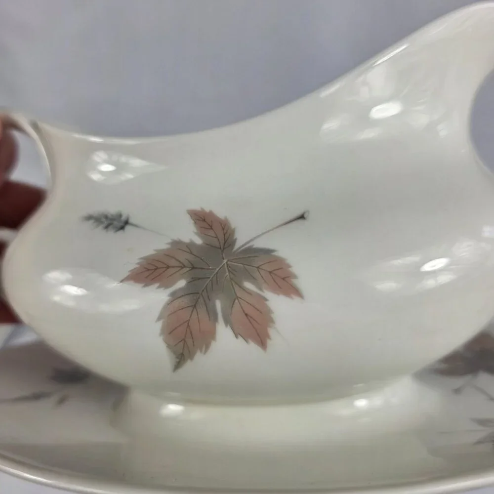Royal Doulton Tumbling Leaves Gravy Boat & Underplate Gray & Pink Leaves